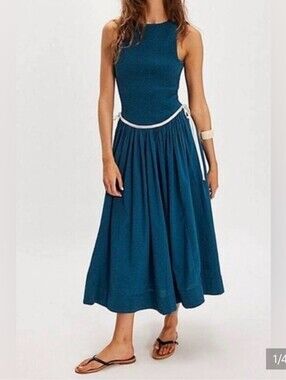 Free People Nightingale Seersucker Midi Dress- Seaside Combo